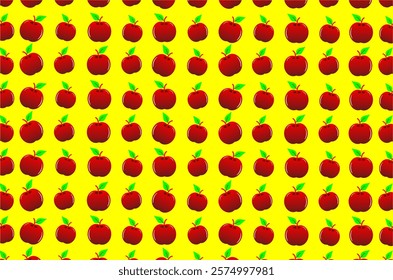 Seamless pattern of red apples. Each apple is bright red with green leaves on top, arranged symmetrically in rows and columns. This pattern is perfect for graphic design, backdrops, or other creative.