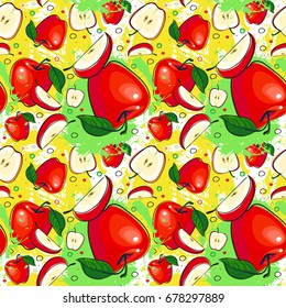 Seamless Pattern Red Apples Fruits Summer Ornament Background Vector Illustration