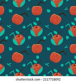 Seamless pattern with red apples and juice. Vector illustration hand drawn style.