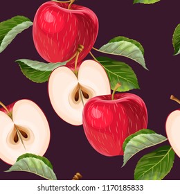 Seamless pattern with red apples and leaves