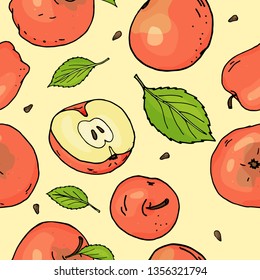 Seamless pattern with red apples and leaves. Bright ripe apples whole and pieces on yellow background. Colorful vector illustration in sketch style.