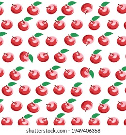 Seamless pattern of red apples with leaves. Juicy illustration for packaging design and background
