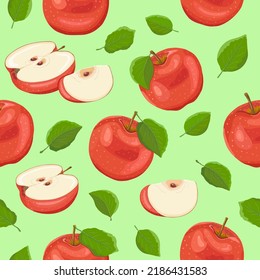 Seamless pattern. Red apples with leaves, apple halves and apple slices on a pale green background in vector. Fruits and vitamins. Proper nutrition and diet. Harvesting apples. Vector illustration.