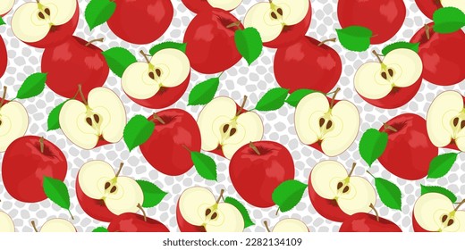 Seamless pattern with red apples and leaves on a bright background. Stock vector illustration.