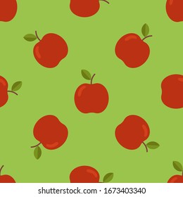 Seamless pattern with red apples on green background. Vector illustration.
