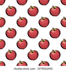Seamless pattern. Red apples on a white background. A rare polka dot pattern. Apples is a realistic sketch.
