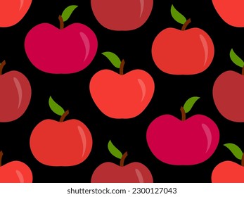 Patrón sin foco con manzanas rojas sobre fondo negro. manzana roja con una hoja. Diseño para imprimir en tela, banners y productos promocionales. Ilustración del vector