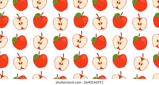 Seamless pattern with red apples on a white background. Whole and sliced apple. The design is great for wallpaper, fabric, labels, packaging.