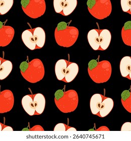 Seamless pattern with red apples on a black background. Whole and sliced apple. The design is great for wallpaper, fabric, labels, packaging.