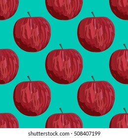 Seamless pattern with red apples on on teal background. Vector red apples. Hand drawn. Watercolor imitation. Could be used for textile, fabric.
