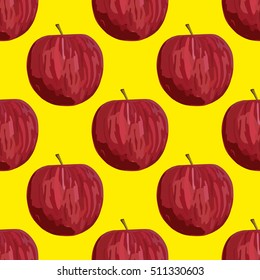 Seamless pattern with red apples on on yellow background. Vector red apples. Hand drawn. Watercolor imitation. Could be used for textile, fabric.