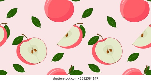Seamless pattern with red apples. Whole apple, half, piece. For backgrounds, textiles, tablecloths, kitchen, wallpaper, packaging. Vector image.