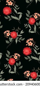 Seamless pattern with red aster flowers, small pink flowers, various leaves on a black background. Gothic and dark floral print with large red flowers and dark foliage. Vector.