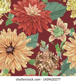 Seamless Pattern with Red Asters Flowers. Floral Background for Fabric Textile, Wallpaper, Wrapping. Watercolor Flowers Design. Vector illustration