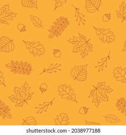 Seamless pattern of red autumn leaves on yellow background. Line art design. Doodle style. Background for nature, eco and autumn design. Vector illustration