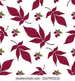 Seamless pattern with red autumn leaves and rose hips.Vector graphics.