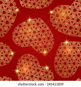 Seamless pattern, red background and golden hearts with glowing lights
