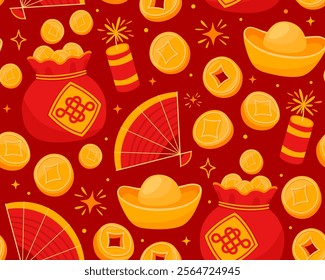 Seamless pattern with red bags with coins, gold bars, fan, firecrackers and stars on red background. Symbols of wealth, prosperity, luck. Symbols of Chinese New Year, Tet. Wrapping paper.