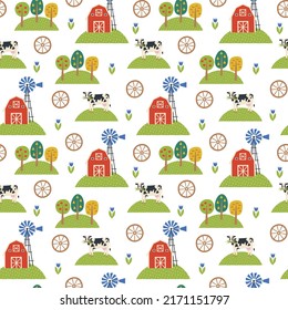 Seamless pattern with red barn, mill, cow and fruit trees. Farm contryside illustration. Design for fabrics, wrapping paper, scrapbooking or brand package.