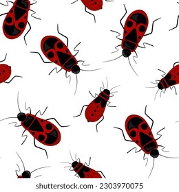 Seamless pattern red beetle soldier with black dots and spots on a white background. Vector illustration of ladybug, bedbug insect.