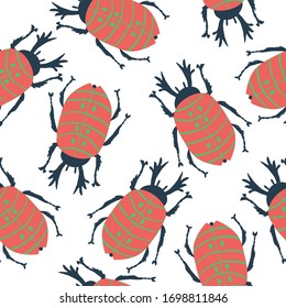 Seamless pattern with red beetles. Isolated on white background. Insect with doodles on its wings. Design for textile, fabric, wallpaper, wrapping paper. Hand drawn vector illustration.