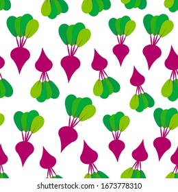 Seamless pattern with red beets with green leaves, isolated on white background trend of the season. Can be used for Gift wrap fabrics, wallpapers, food packaging. Vector