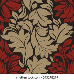 Seamless pattern of red and beige colors on black background  in the style of baroque