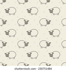 Seamless pattern. Red, beige and cream colors. Illustrations of lambs on polka dot background.