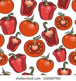 Seamless pattern with red bell Bulgarian pepper paprika and tomato, whole and sliced. Vector illustration of produce isolated on white background  for wallpaper, food design