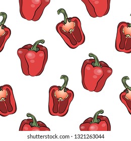Seamless pattern with red bell Bulgarian pepper paprika, whole and sliced. Vector illustration of produce isolated on white background  for wallpaper, food design