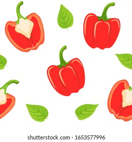 Seamless pattern with red bell pepper and leaves on white background. Good for eco market, shop, restaurant, vegetarian, vegetable, ecology and healthy design projects. Vector illustration.