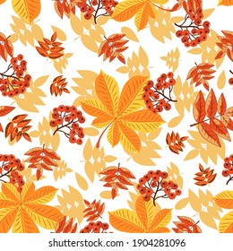 Seamless pattern with red berries and autumn leaves of orange, red and yellow flowers on a white background. For the design of gift paper.