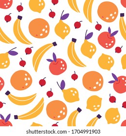 Patrón inoxidable con bayas rojas, plátanos, naranjas, limones sobre fondo blanco. Perfecto para textiles, decoración de verano, papel pintado, menú de comida saludable. 