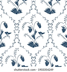 Seamless pattern with red berries and birds on white background. Design for fabric and paper, surface textures.