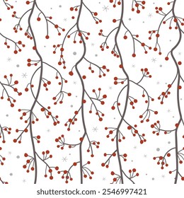 Seamless pattern with red berries branches and snowflakes. Winter background, vector illustration