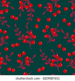 
Patrón sin foco de bayas rojas con hojas de borgoña sobre un fondo de color, bayas brillantes, jugosos patrones florales de fruta, regalos de otoño, impresión vectorial.