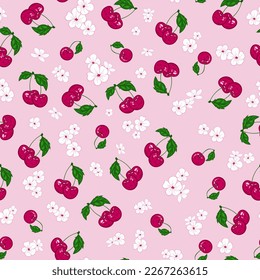 Seamless pattern of red berries and cherry blossom flowers on pink background. Design wallpaper, fabric, print, print, restaurant menu, packaging, paper. Hand drawn vector image.   