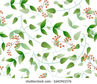 Seamless pattern with red berries and green leaves