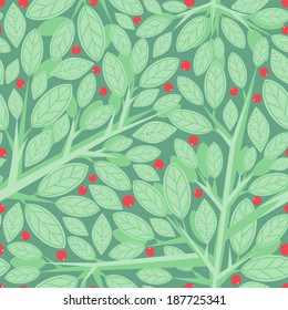 Seamless pattern with red berries and green leaves