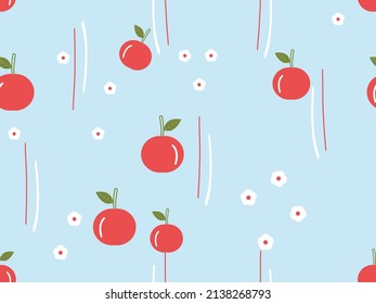 Seamless pattern with red berries, green leaves, hand drawn line and little flower on blue background vector illustration. 