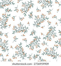 Seamless pattern with red berries and green leaves on white background. Vector illustration with plants.