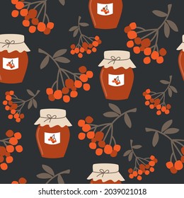 Seamless pattern with red berries and jam jars on dark background.