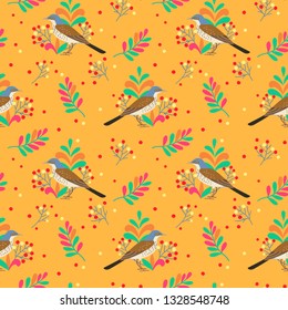 Seamless pattern with red berries, leaves, branches and birds.  

