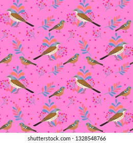 Seamless pattern with red berries, leaves, branches and birds.  
