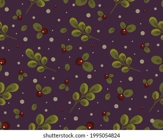 seamless pattern with red berries and leaves, branches, autumn background with botanical elements, stylized vector graphics