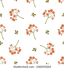 Seamless pattern from red berries on a branch and green leaves on white background