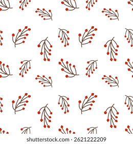 Seamless pattern with red berries on white background for holiday or winter design. Vector illustration