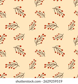 Seamless pattern with red berries on branches for autumn and Christmas design. Vector illustration
