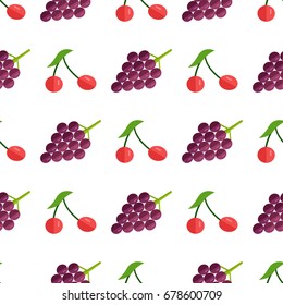 Seamless pattern with red berries and purple grape on branch isolated on white background. Endless texture with healthy fruits vector illustration