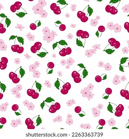 Seamless pattern of red berries and rose blossom cherry blossoms on white background. Decorative vector design for wallpaper, fabric print, cover, greeting card design, packaging, wrapping paper. 